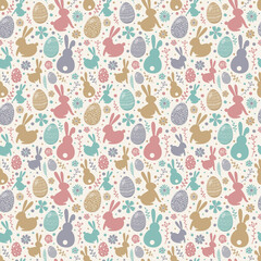 Concept of colourful texture with decorative eggs, bunnies and flowers. Easter background. Vector