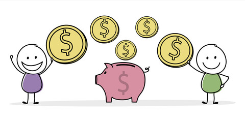 Funny stickman with piggy bank and dollars. Vector