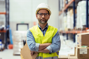 Mature worker looking at camera while passing list of material that has arrived at the store...