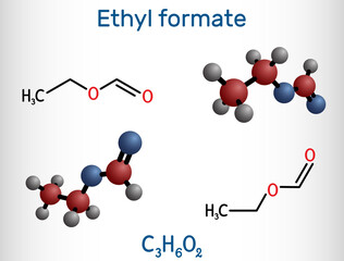 Ethyl formate, ethylformate,  ethyl methanoate, formic ether molecule. It is formate ester derived from formic acid and ethanol. Structural chemical formula, molecule model