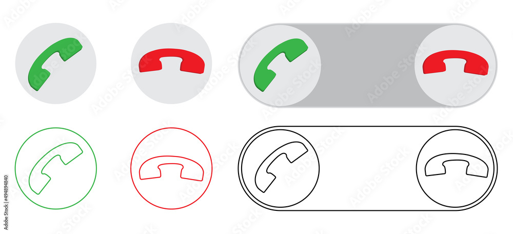 Wall mural incoming call buttons vector set isolated on white. 3d and outline illustration for call answer conc
