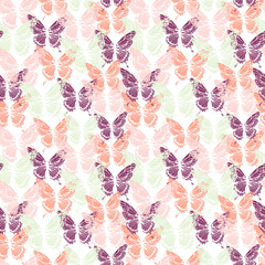 Butterfly seamless repeat pattern design background. Random colorful butterfly silhouette, cute girly pastel pattern.