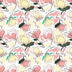 Floral seamless pattern with magnolia flowers, leaves and petals on white background. Pastel vintage theme with vector, spring flowers for fabric, prints, greeting cards.