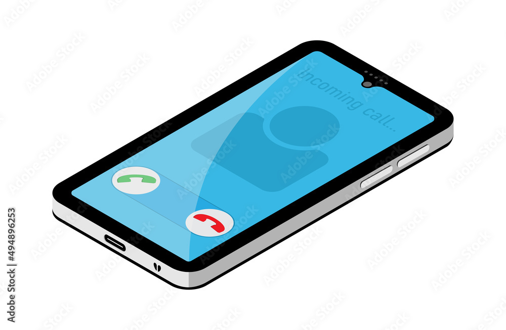 Wall mural 3d mobile phone isometric vector illustration with incoming call buttons. incoming call illustration