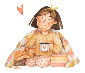 Cute watercolor autumn illustration. Hand-drawn girl and cat sit on the floor with blanket and books. Cozy template for greeting card
