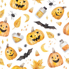 Halloween seamless pattern with pumpkins, bats and yellow leaves. Cute autumn hand-drawn watercolor texture for textile or wrapping paper
