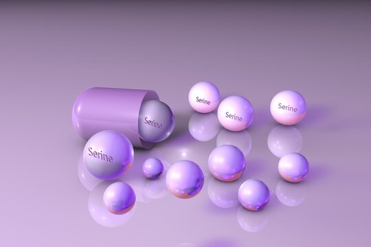 Opened capsule with serine drops. Healthy life concept. Medical background. Scientific background. 3d illustration