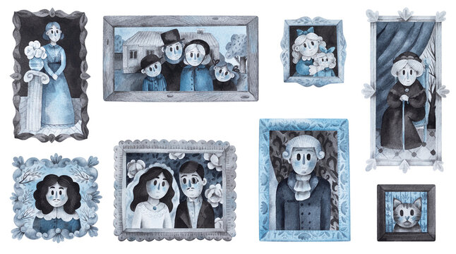 Vintage Halloween family portraits. Watercolor hand-drawn scary illustration of framed pictures of ghosts. Set of 8 pictures

