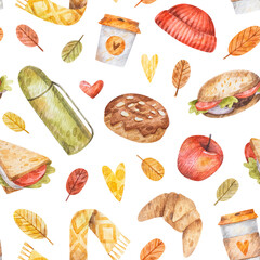 Cute autumn pattern. Watercolor seamless pattern with yellow leaves, food and drinks - coffee, hamburger, croissant, cinnamon bun, sandwich, thermos. Hand-drawn texture.
