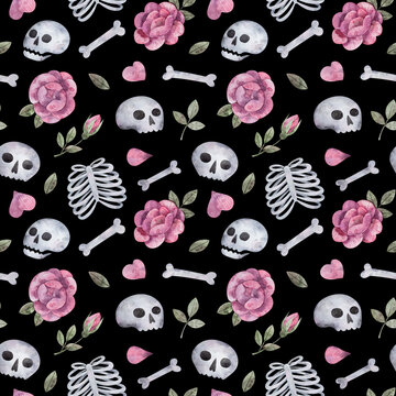 Pattern with skulls, bones and roses. Watercolor seamless texture with hand-drawn pictures for Halloween or Mexican day of the dead
