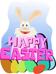 Happy Easter similing bunny with eggs