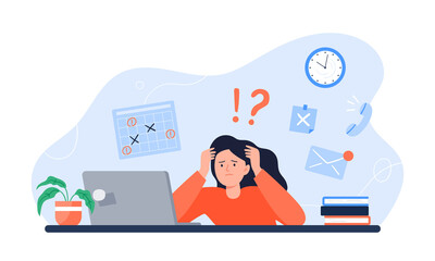 Exhausted woman sitting at her workplace with a computer. Freelancer is stressed through a lot of work. Emotional burnout concept. Vector colorful flat illustration.
