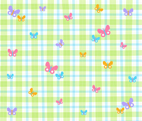 Cute Beautiful Butterfly Gingham Patterns Green BG Square Background Vector Cartoon Illustration Tablecloth, Picnic mat wrap paper, Mat, Fabric, Textile, Scarf.