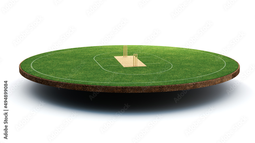 Wall mural 3d render of Cricket Stadium on cricket pitch or ball sport game field on isolated white background