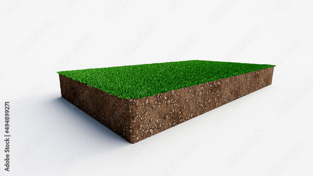 Poster 3d render of grass field with healthy soil in rectangular shape on isolated white background
