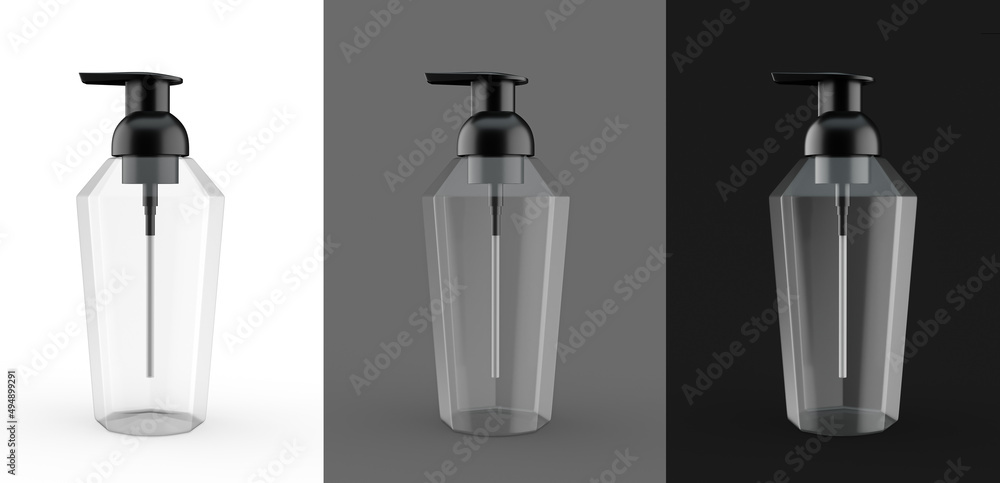 Poster 3d rendering of foaming soap dispenser empty bottles on isolated white, gray and black backgrounds