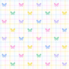 Pastel Rainbow Cute Beautiful Butterfly Scott Plaid Tartan Checkered Gingham Pattern Square Background Vector Cartoon Illustration Tablecloth, Picnic mat wrap paper, Mat, Fabric, Textile, Scarf.