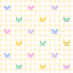 Pastel Rainbow Cute Beautiful Butterfly Gingham Square Background Vector Cartoon Illustration Tablecloth, Picnic mat wrap paper, Mat, Fabric, Textile, Scarf.
