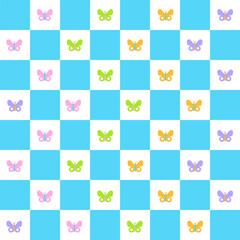 Cute Beautiful Butterfly Element Pastel Colorful Rainbow Checkered Gingham Pattern Square Background Vector Cartoon Illustration Tablecloth, Picnic mat wrap paper, Mat, Fabric, Textile, Scarf.