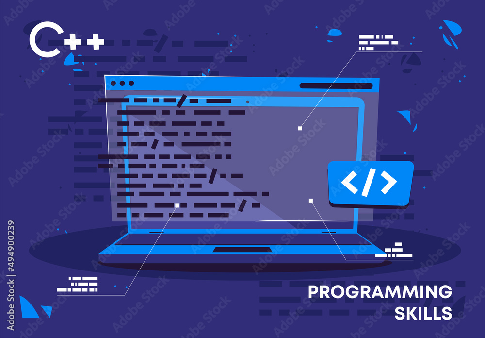 Poster vector illustration of laptop programming skills, programming languages