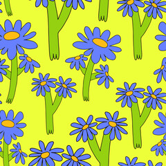 Seamless vector pattern with flowers. Vibrant flowers with faces in the style of psychedelic art. Ornament in the style of hippie 70s and 80s. Funny botanical print	