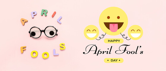 Greeting card for April Fool's Day with funny glasses and emoticons