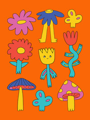 vector vertical poster with flowers characters.Hippie psychedelic aesthetics - interior poster.Funky groovy wallpaper.Floral cute print in the style of the 80s and 70s.cartoon postcard with dudes