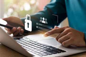 Cybersecurity and privacy concepts to protect data. Lock icon and internet network security...