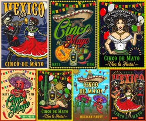 Colorful posters set with Mexican characters
