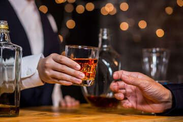 Bartender Serve Whiskey, on wood bar, 