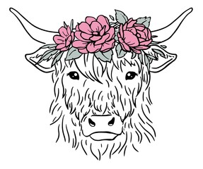 Cow head with flower wreath. Highland heifer face - 494902611