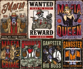 Mafia posters collection with criminal characters