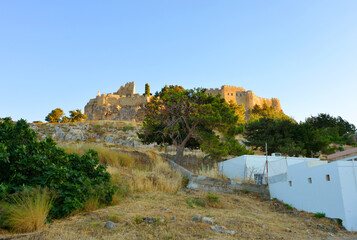 View to the acropolis building in Lindos, Rhodes Island, Greece