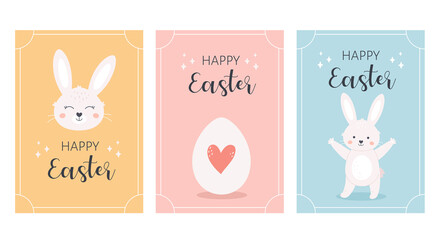Happy Easter greeting cards with Easter bunny and painted eggs. Hand drawn vector illustration