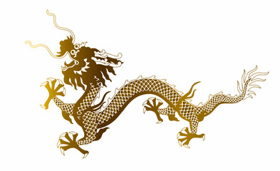 Asian golden dragon illustration for postcard. Flying chineese dragon on pattern background for printing. Digital contemporary design.