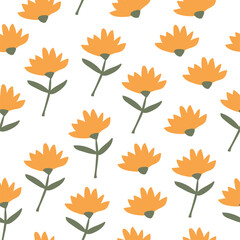 Colorful Small Scale Hand-Drawn Floral Vector Seamless Pattern. Retro 70s Style Nostalgic Fashion Textile Bold Background. Summer Resort Print. Ditsy Daisies. Flower Power pattern on white