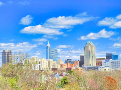 A colorful skyline of downtown Raleigh North Carolina in artistic high key.