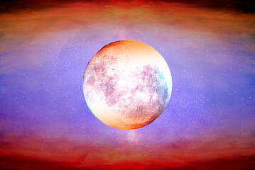 High resolution 3d render of red moon. Reflection of the planets on the moon. illustration. The best textured moon. Science astronomy, detailed lunar surface. Colorful background.