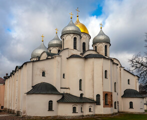 Fototapeta na wymiar Ancient Russia. View of St. Sophia Cathedral main Orthodox church of Veliky Novgorod, created in 1045-1050, Cathedral of the Novgorod Metropolis.