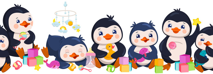 Seamless border with cute little penguins in different poses with cubes, rattle, fluffy pacifier, bottles, rubber duck and cute kitten.