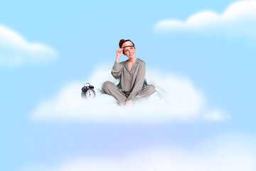 Photo image of young charming lady sitting on fluffy comfortable cloud in sky see lovely dream look...
