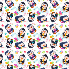 Seamless pattern with cute little penguins with cubes, rattle, fluffy pacifier, bottles.