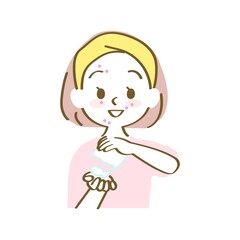 イラスト素材：洗顔料をたっぷり泡立てる女性のアイコン（ニキビ/手描きパステル/上半身）
