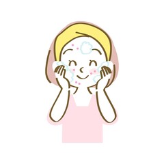 イラスト素材：洗顔料を泡立ててから優しく汚れを取る女性のアイコン（ニキビ/手描きパステル/上半身）
