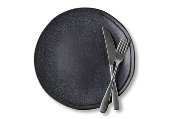 Dark plate with cutlery isolated on white background