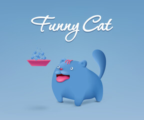 blue cat and flying food bowl, 3d vector illustration