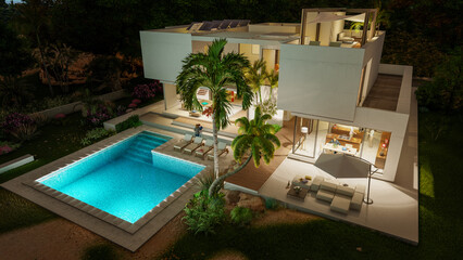 Luxury modern  villa with pool at dusk