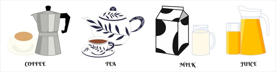 Hand drawn vector; set of drinks. Coffee, tea, milk, and juice isolated on white background.
