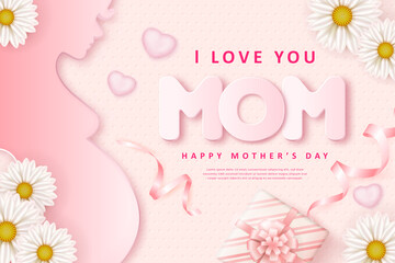 Happy mother's day pink pregnant mom silhouette relief and daisy flower gift box with ribbon