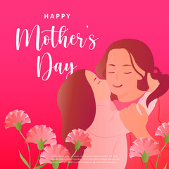 Obraz na płótnie Canvas Happy mother's day cartoon daughter kissing mom carnation flower